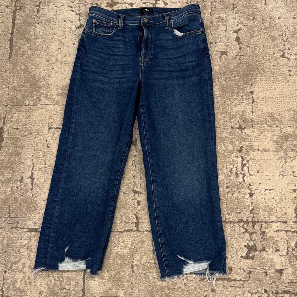 7 For All Mankind Dark Blue Cropped Distressed Jeans